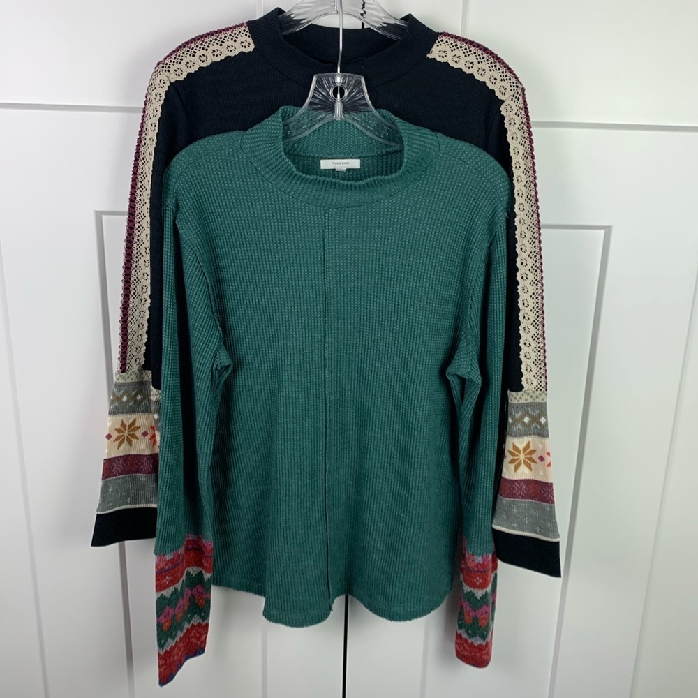 Maurices L Lot Of 2 Long Sleeve Thermal Mock Neck Nordic Print Green Black Boho - Picture 2 of 9